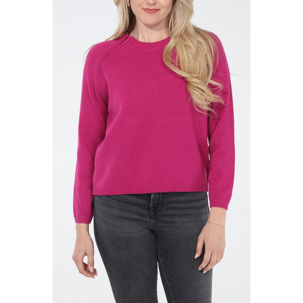 Rain And Rose Shoulder Zip Crewneck Sweater In Pink