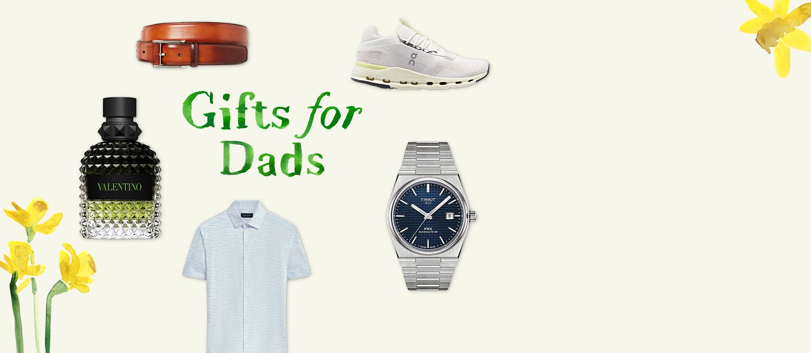 Gifts for dads, including a running shoe, belt and watch.