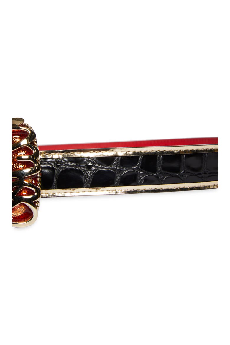 Giddy Croc Embossed Leather Skinny Belt, Alternate, color, BLACK/ GOLD/ ELVIS