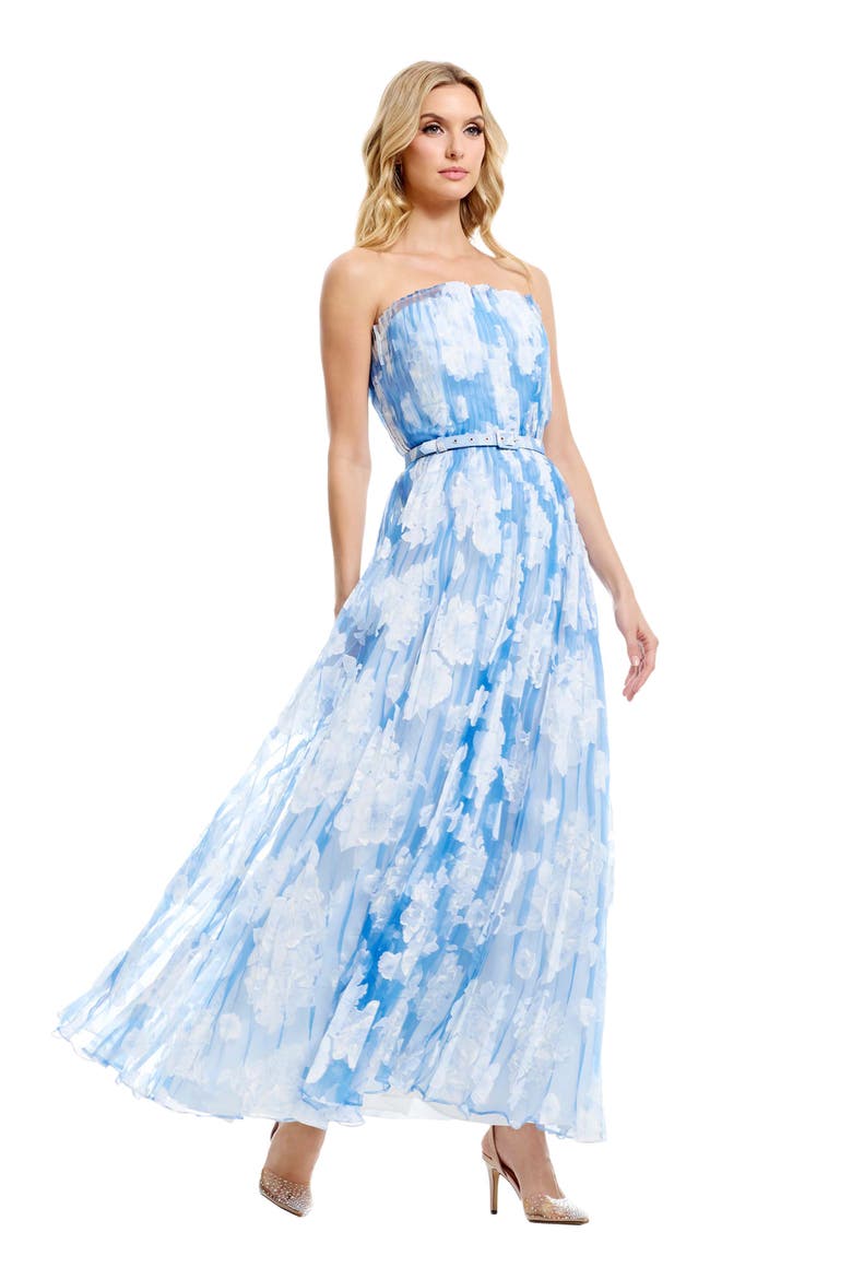 Verity Pleated Belted Strapless Gown, Alternate, color, SKY MULTI