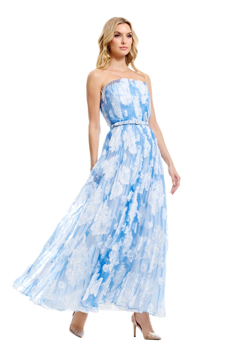 Dress the Population Verity Pleated Belted Strapless Gown, Alternate, color, Sky Multi