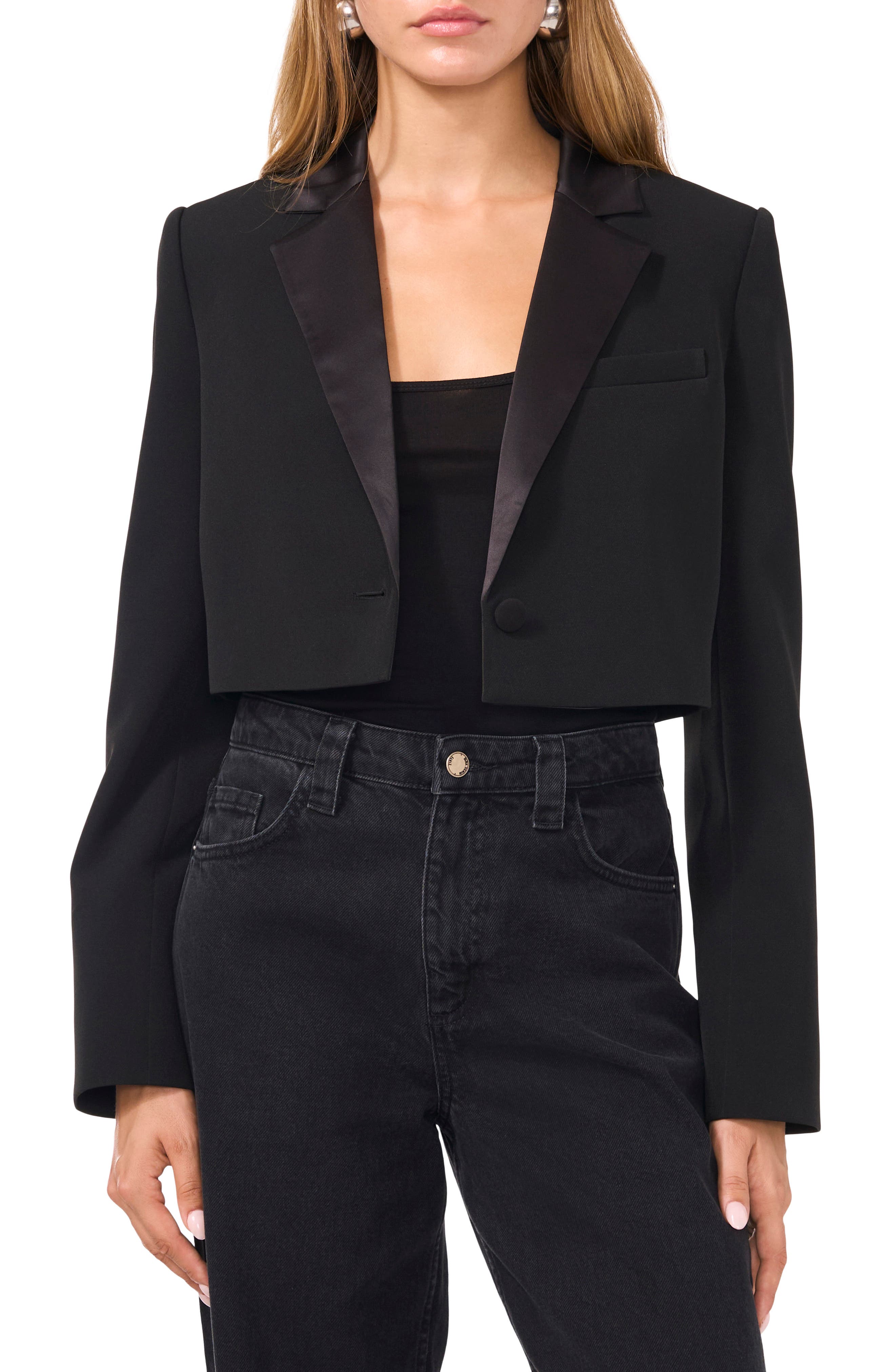 Satin Lapel Crop Tuxedo Blazer