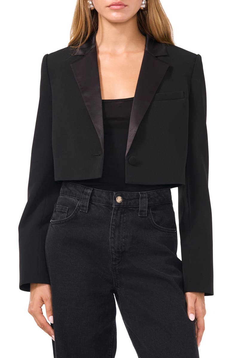 1.STATE Satin Lapel Crop Tuxedo Blazer, Main, color, Rich Black