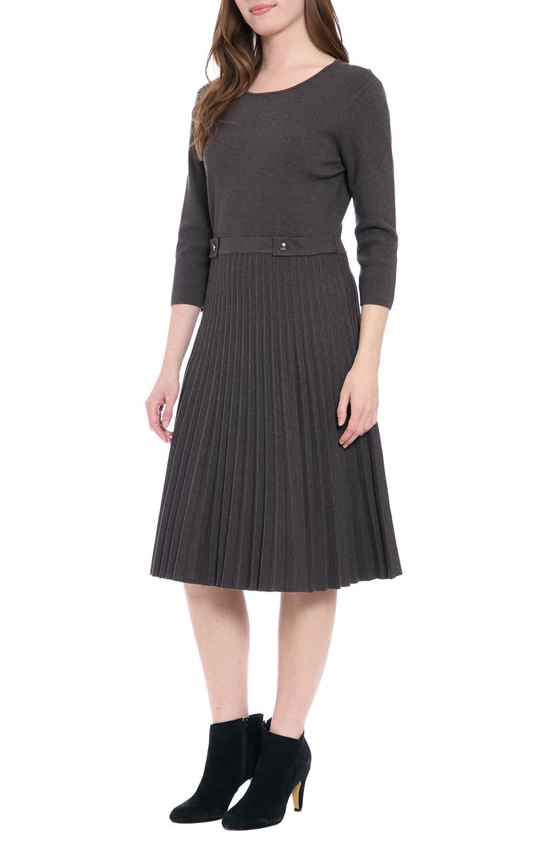 London Times Long Sleeve Pleated Flare Skirt Dress, Alternate, color, Dark Charcoal