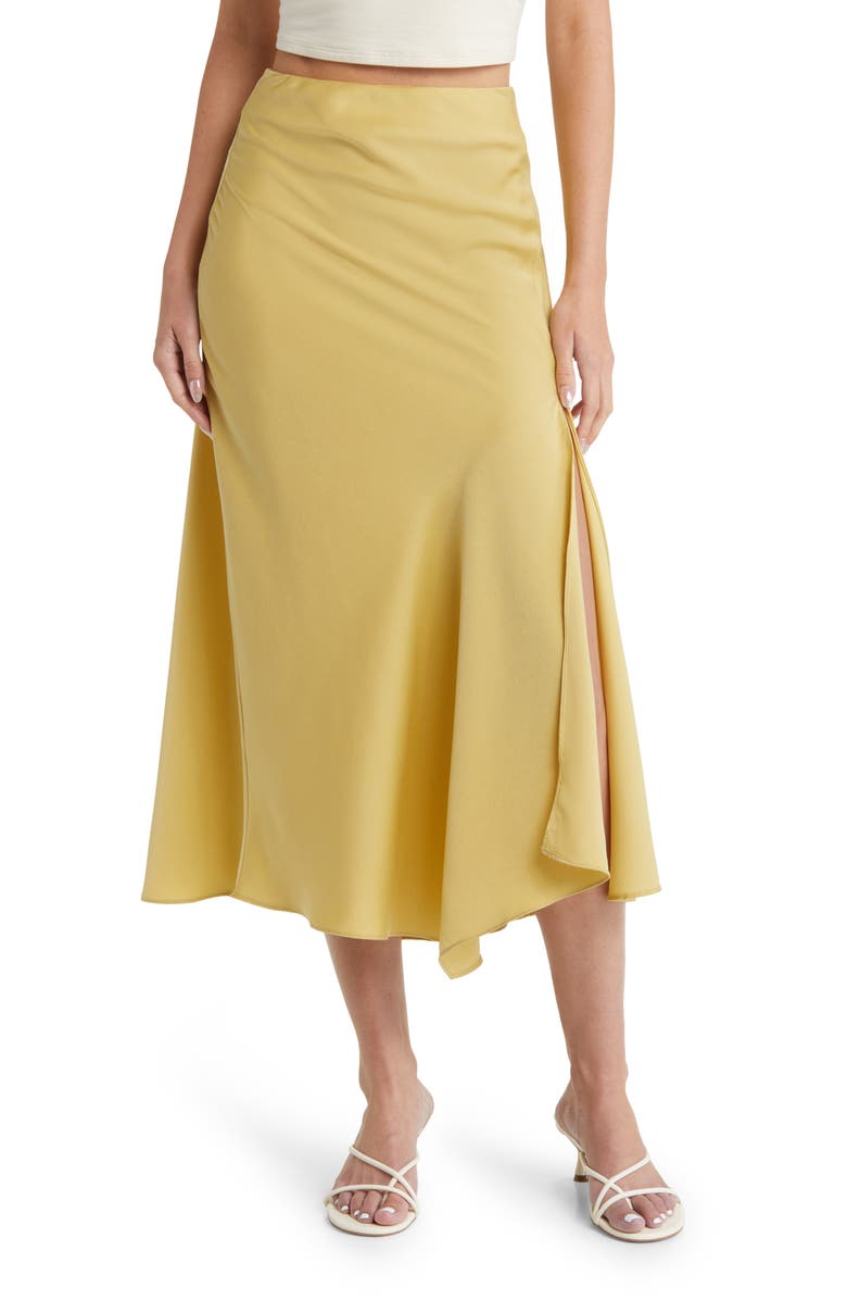 All in Favor Handkerchief Hem Satin Midi Skirt, Main, color,