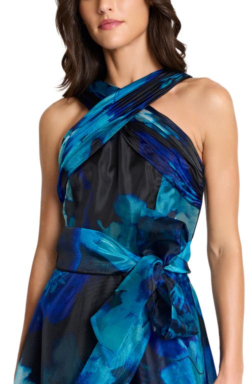 Tahari Asl Floral Organza Evening Gown In Blue