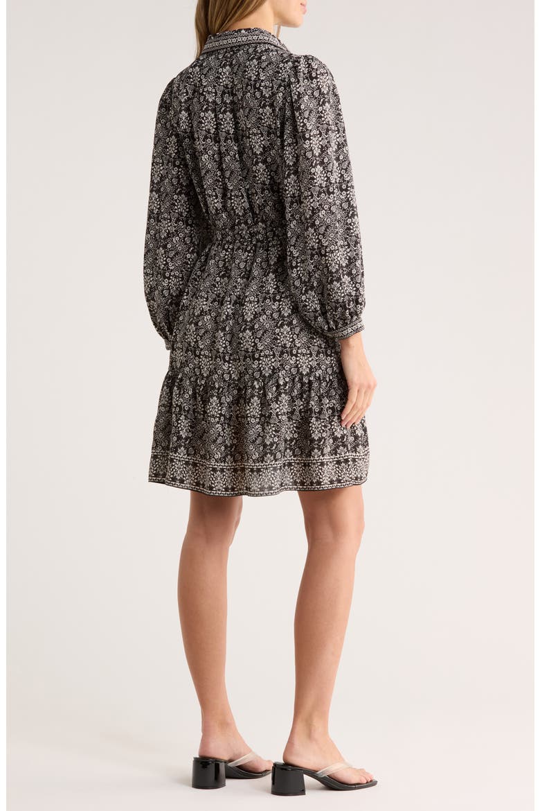 Long Sleeve Button Front Crepe Dress, Alternate, color, BLACK/ IVORY CARA FOLK FLOWER