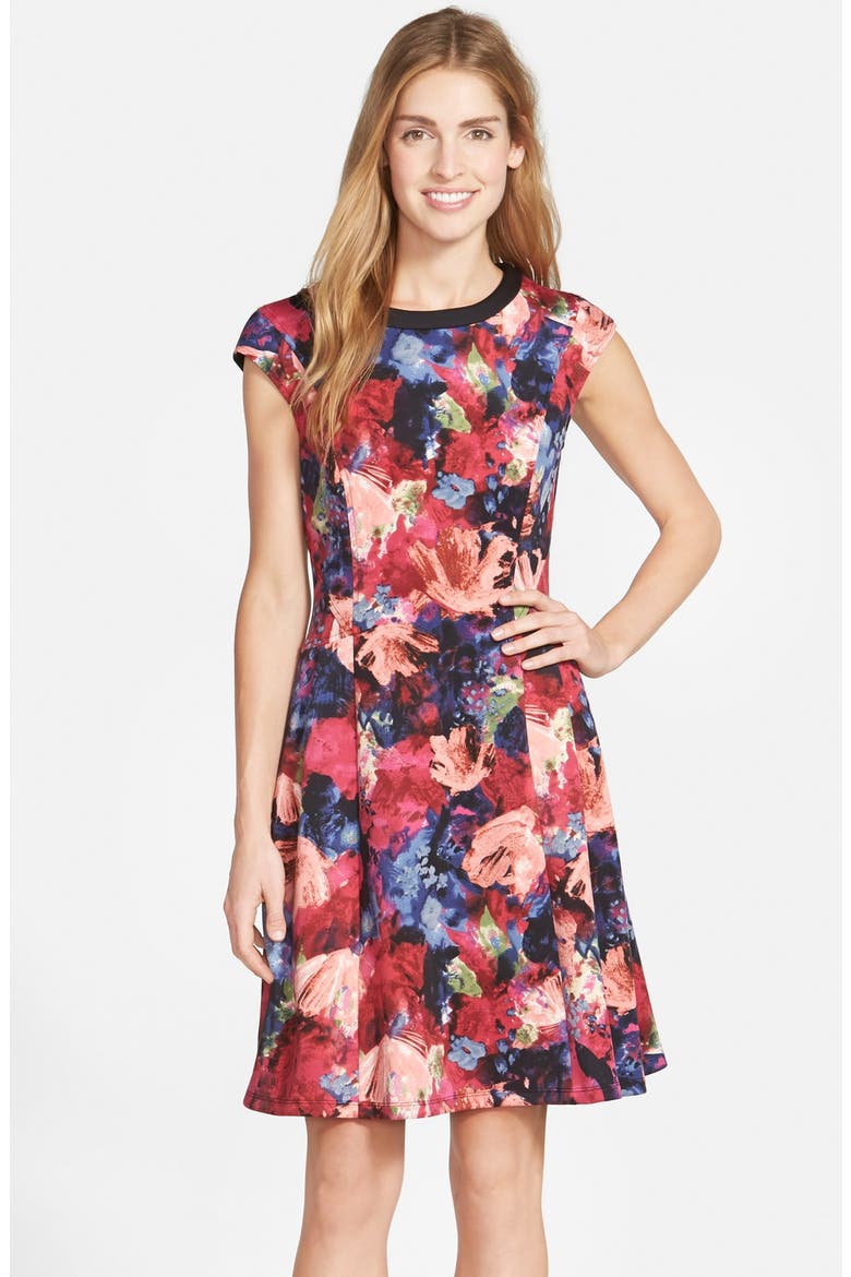Floral Print Scuba Fit & Flare Dress, Alternate, color, BLACK/ POPPY