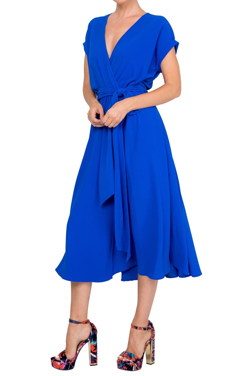 MEGHAN LA Jasmine Short Sleeve Faux Wrap Midi Dress, Alternate, color, Royal