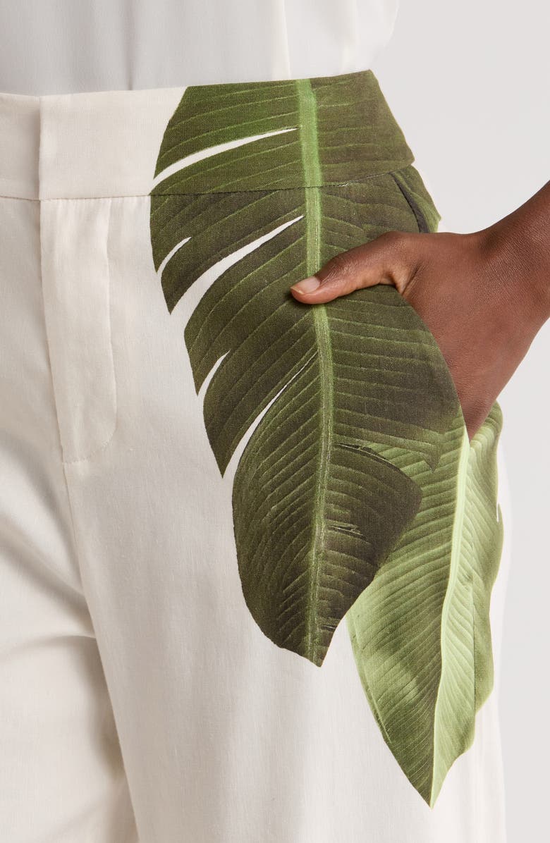 Alice + Olivia Dylan Placed Palm Leaf Print Wide Leg Linen Blend Pants, Alternate, color, 