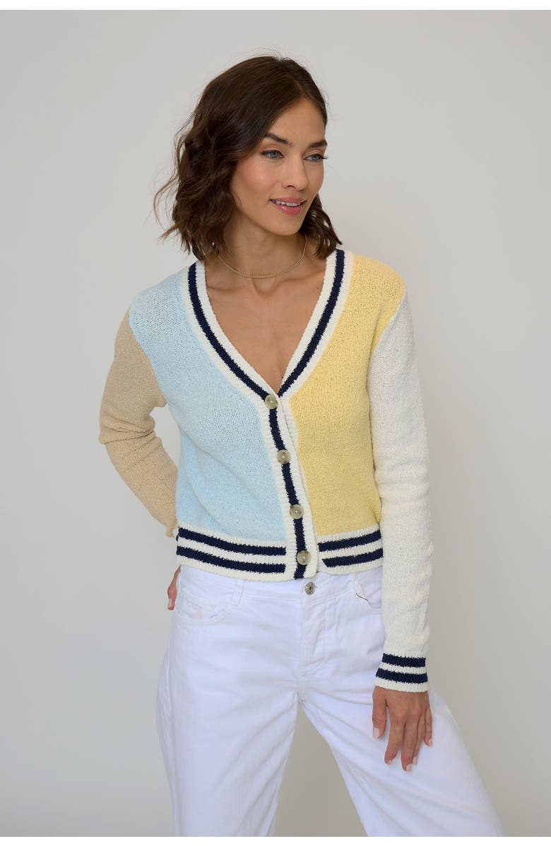 Central Park West Daphne Varsity Stripe Cardigan, Main, color, Citron