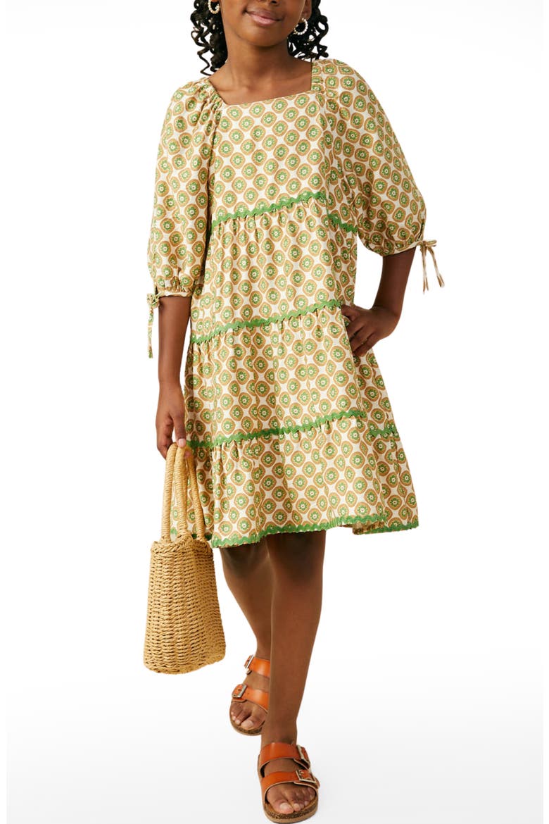 Kids' Wavy Block Print Tiered Dress, Main, color, OLIVE