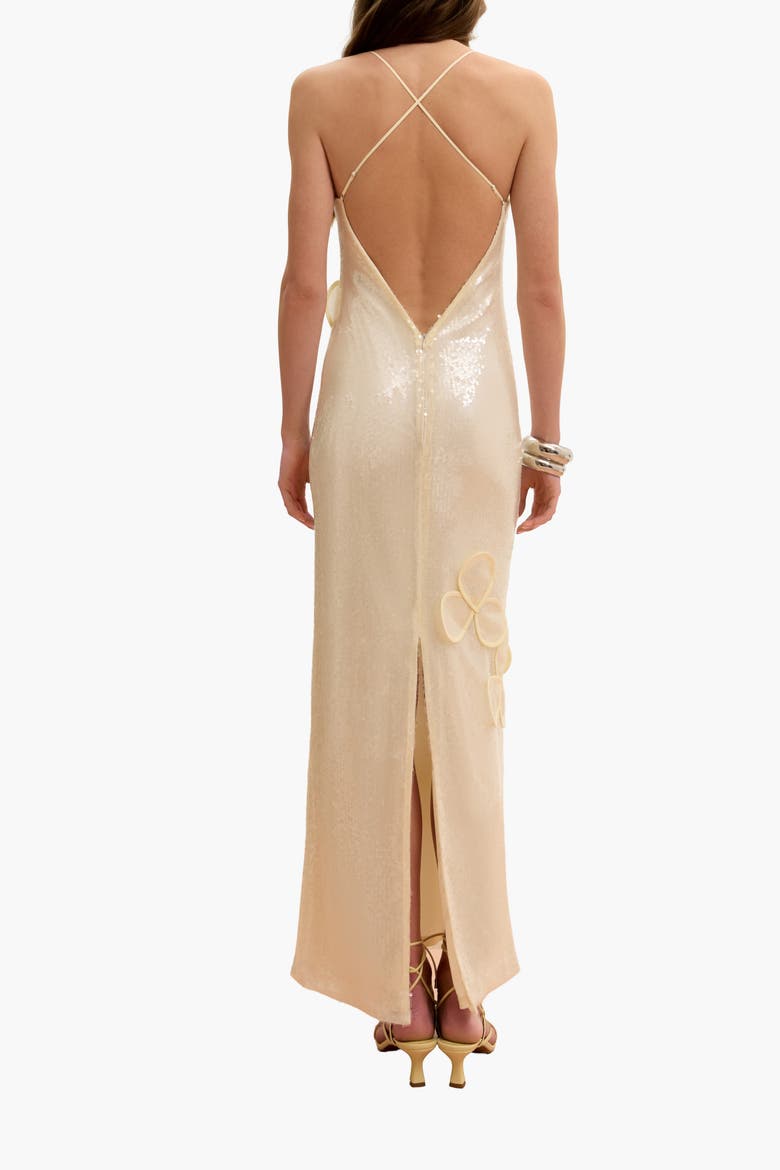 Sequin Maxi Bustier Gown With Petal Appliques, Alternate, color, Beige