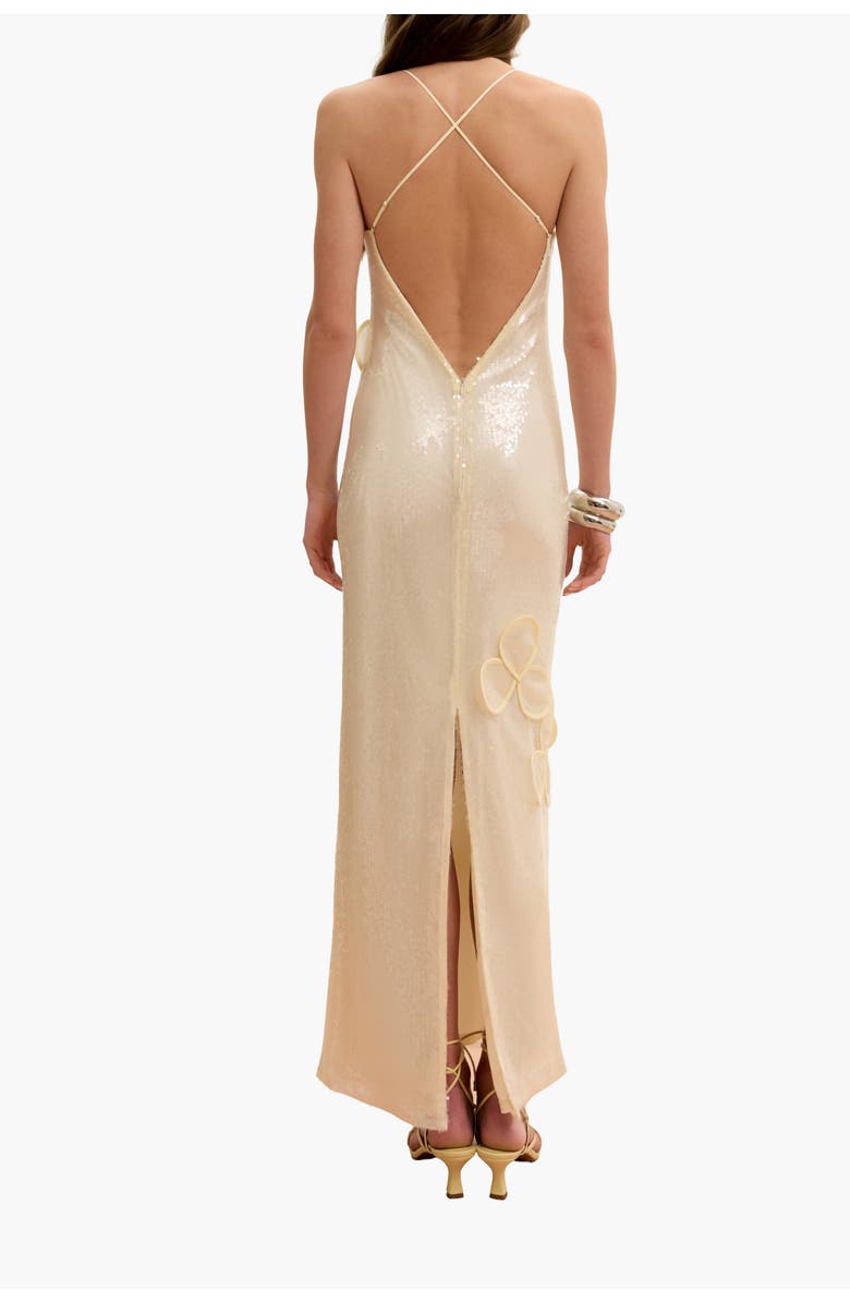 Malva Florea Sequin Maxi Bustier Gown With Petal Appliqus, Alternate, color, Beige
