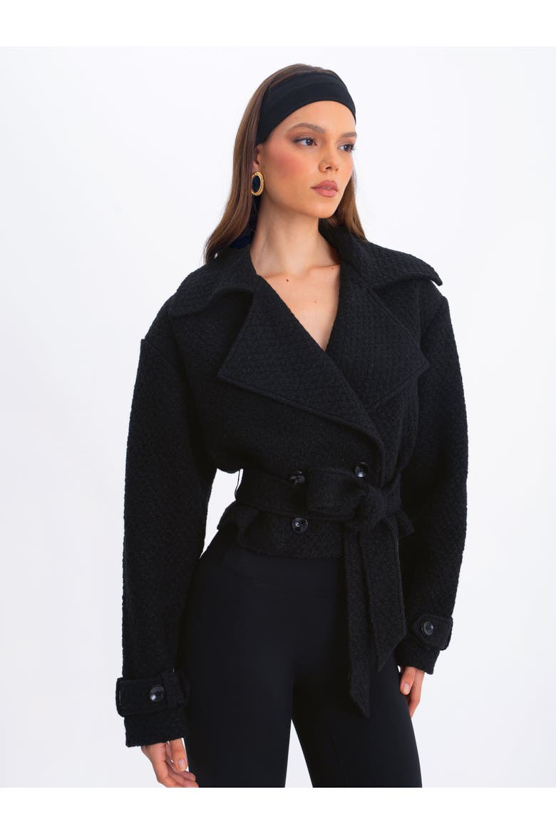 Dara Wool Blend Cropped Double-Breasted Belted Coat, Alternate, color, Black