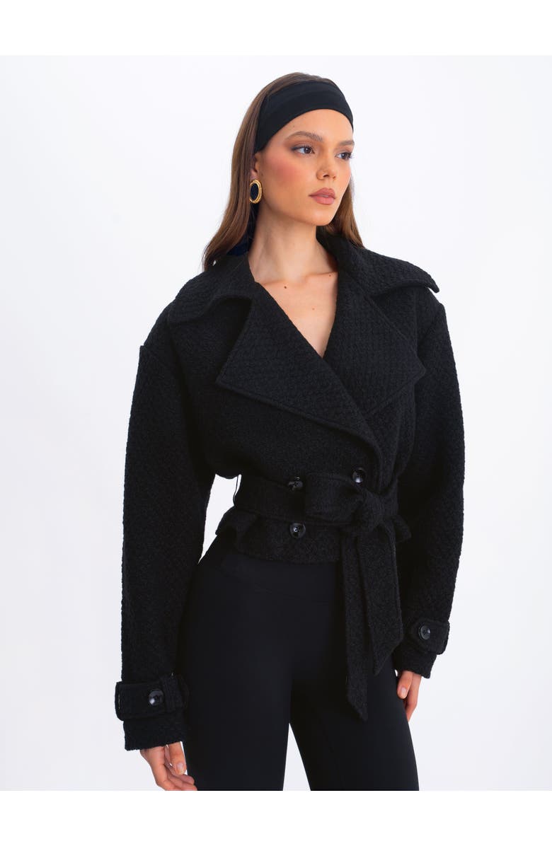 Miss Circle Dara Wool Blend Cropped Double-Breasted Belted Coat, Alternate, color, Black
