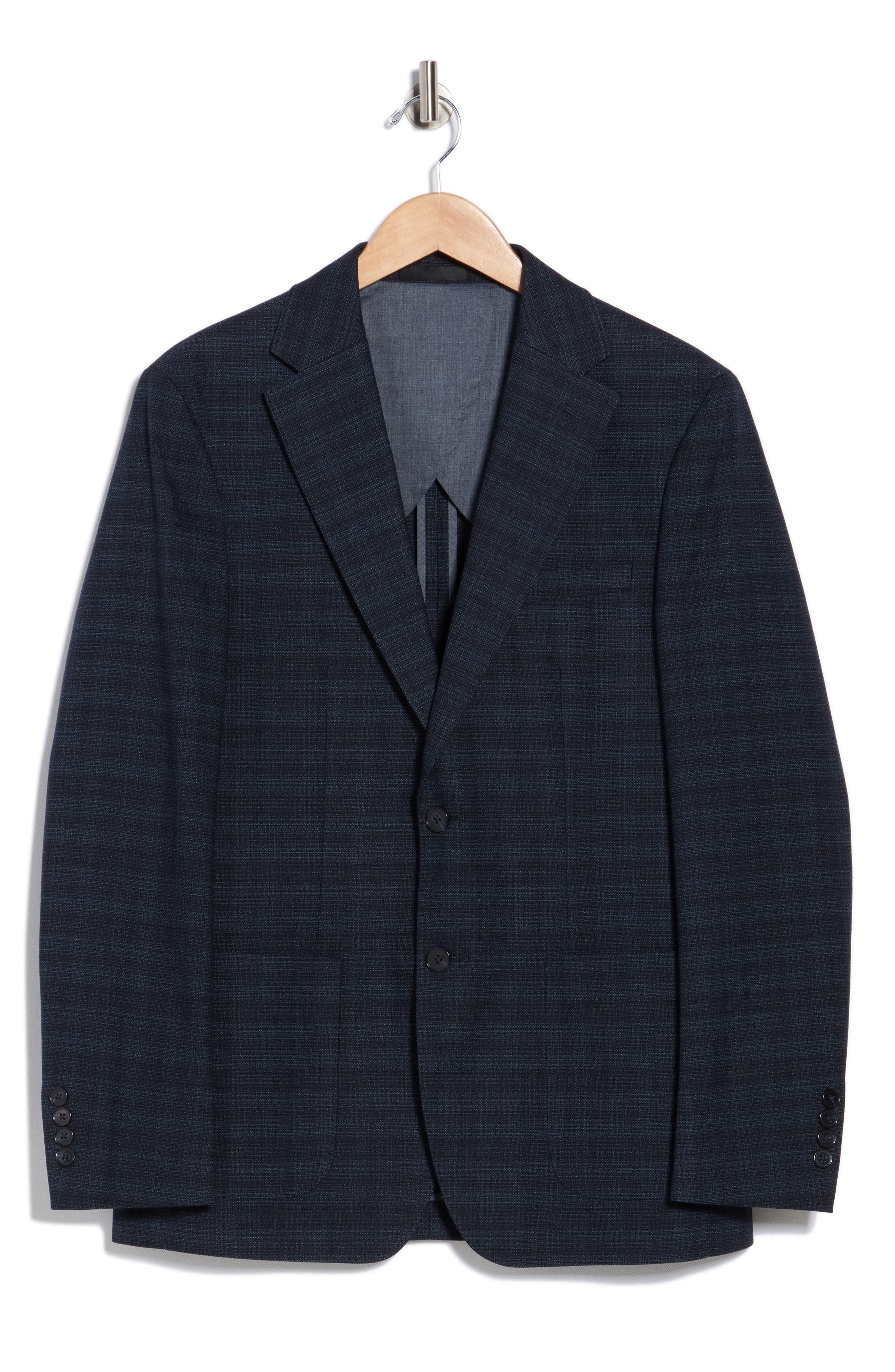 Calvin Klein Dark Blue Plaid Notch Lapel Sport Coat