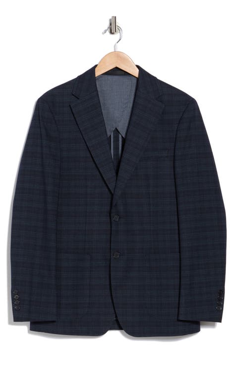 Dark Blue Plaid Notch Lapel Sport Coat (Short, Regular & Long)