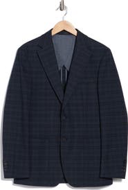 Calvin Klein Dark Blue Plaid Notch Lapel Sport Coat