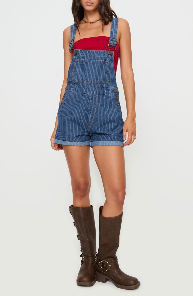 Princess Polly Kacey Pinstripe Denim Short Overalls, Main, color, 