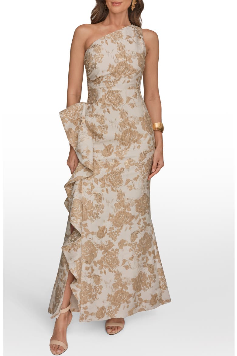 One-Shoulder Cascading Ruffle Gown, Main, color, GOLD MULTI