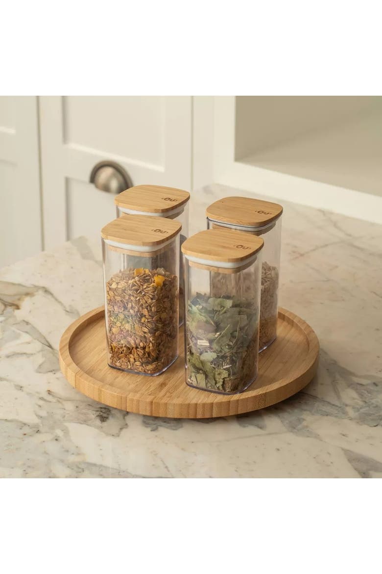 Clear Airtight Stackable Food Storage Container Set with Wood Lids, Alternate, color, Clear