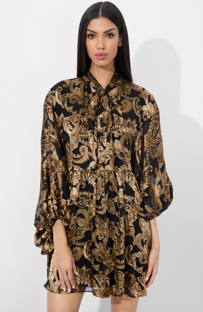 Alice + Olivia Opal Tie Neck Long Sleeve Minidress, Alternate, color, Spring Paisley Black