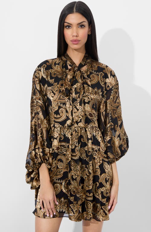Alice And Olivia Opal Tie Neck Poet Sleeve Silk-blend Tunic Dress In Multi