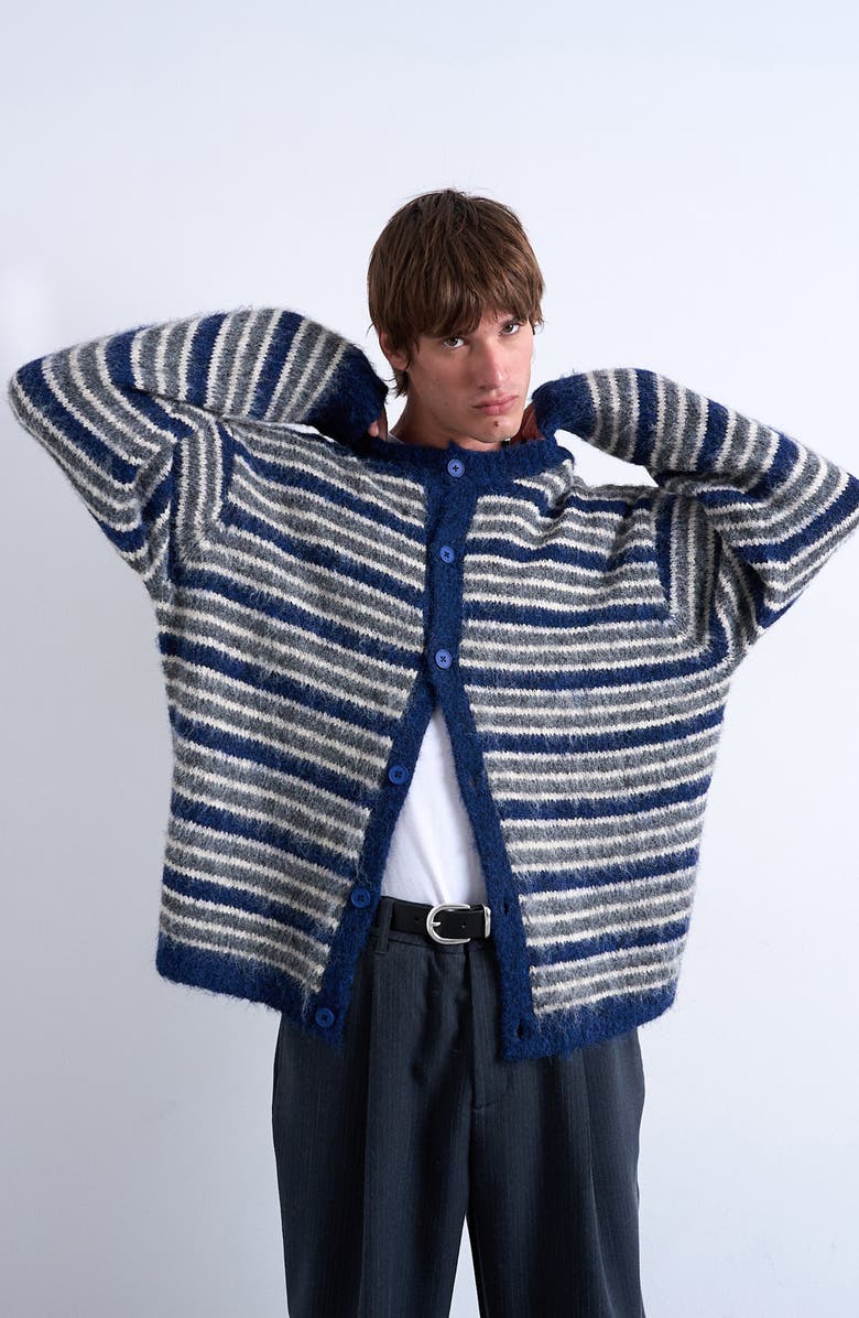 Topman Stripe Fluffy Crewneck Cardigan, Alternate, color, Medium Blue