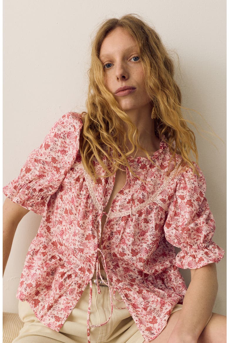 Floral Lace Inset Tie Front Top, Alternate, color, PINK/ MULTI
