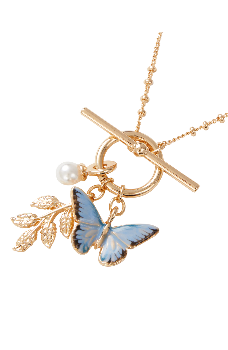 Fable England Enamel Blue Butterfly & Leaf Charm Necklace, Main, color, Multi & Gold