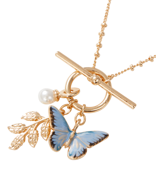Fable England Enamel Blue Butterfly & Leaf Charm Necklace In Gold