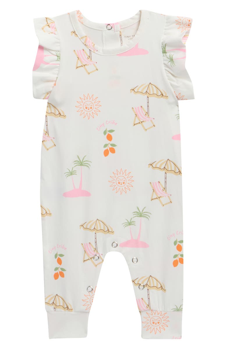 TINY TRIBE Kids' Summer Paradise Ruffle Cotton Blend Romper, Main, color, Cream