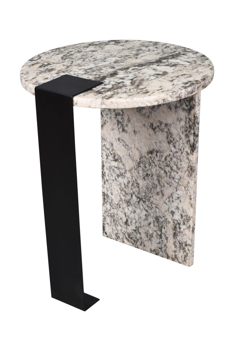 Lyra Modern Round Asymmetrical Marble Accent Table, Veined Stone with Iron Metal Base for Living Room, Main, color, Ivory/Black