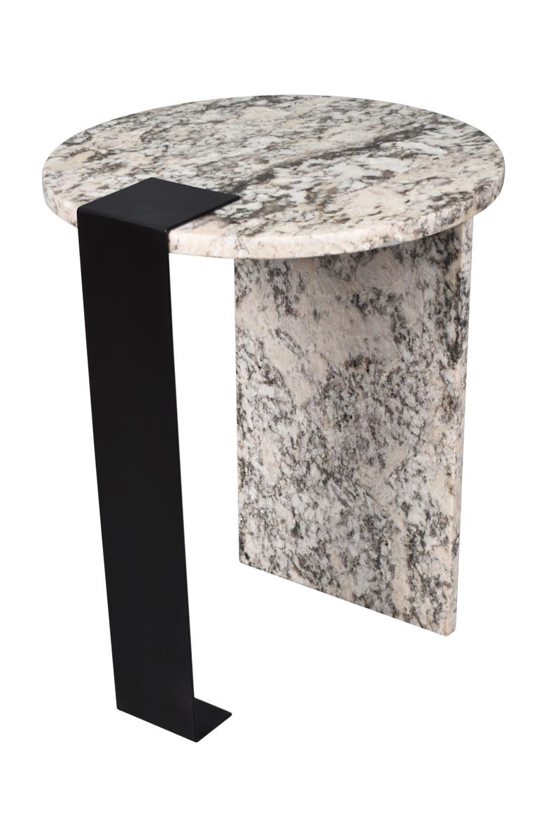 JONATHAN Y Lyra Modern Round Asymmetrical Marble Accent Table, Veined Stone with Iron Metal Base for Living Room, Main, color, Ivory/Black