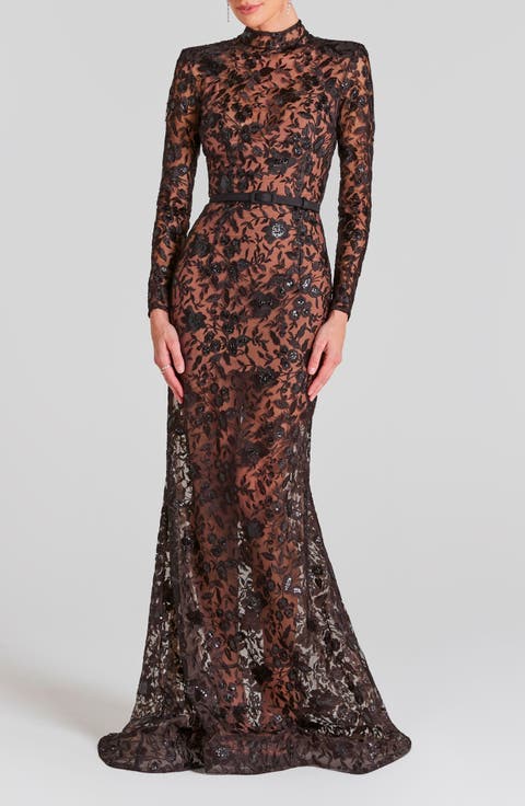 Gabriella Sequin Floral Long Sleeve Mermaid Gown