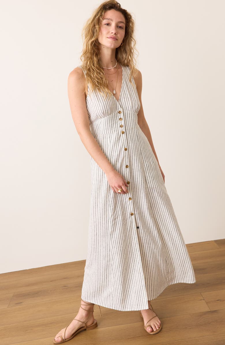 Marine Layer Camila Stripe Button Front Hemp Blend Maxi Dress, Alternate, color, Navy Stripe/ Beige