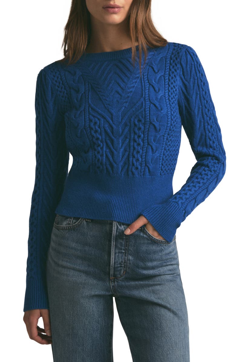 Favorite Daughter The Esther Cable Stitch Crop Sweater, Main, color, Sapphire