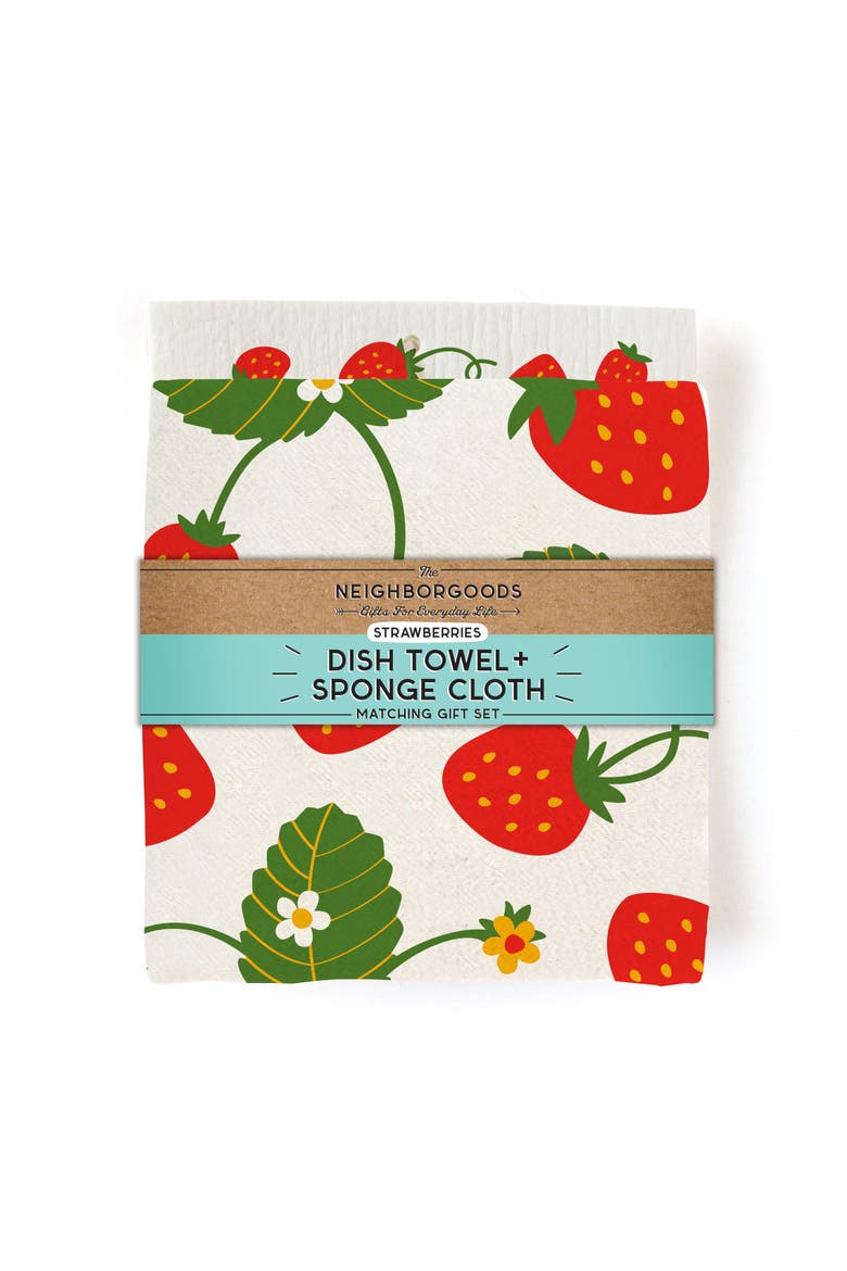 Strawberry Dish Towel + Sponge Cloth Gift Set, Alternate, color, Red
