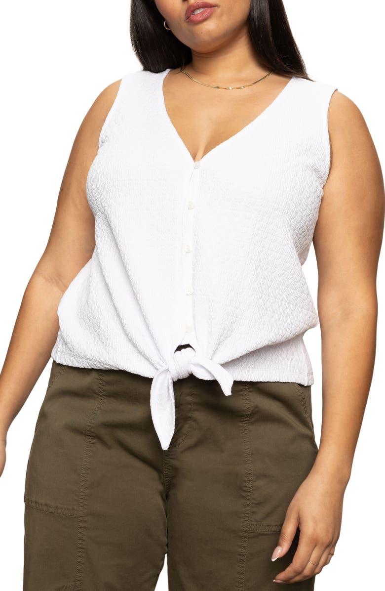 Sanctuary Vacation Textured Tie Front Button-Up Tank, Main, color, White
