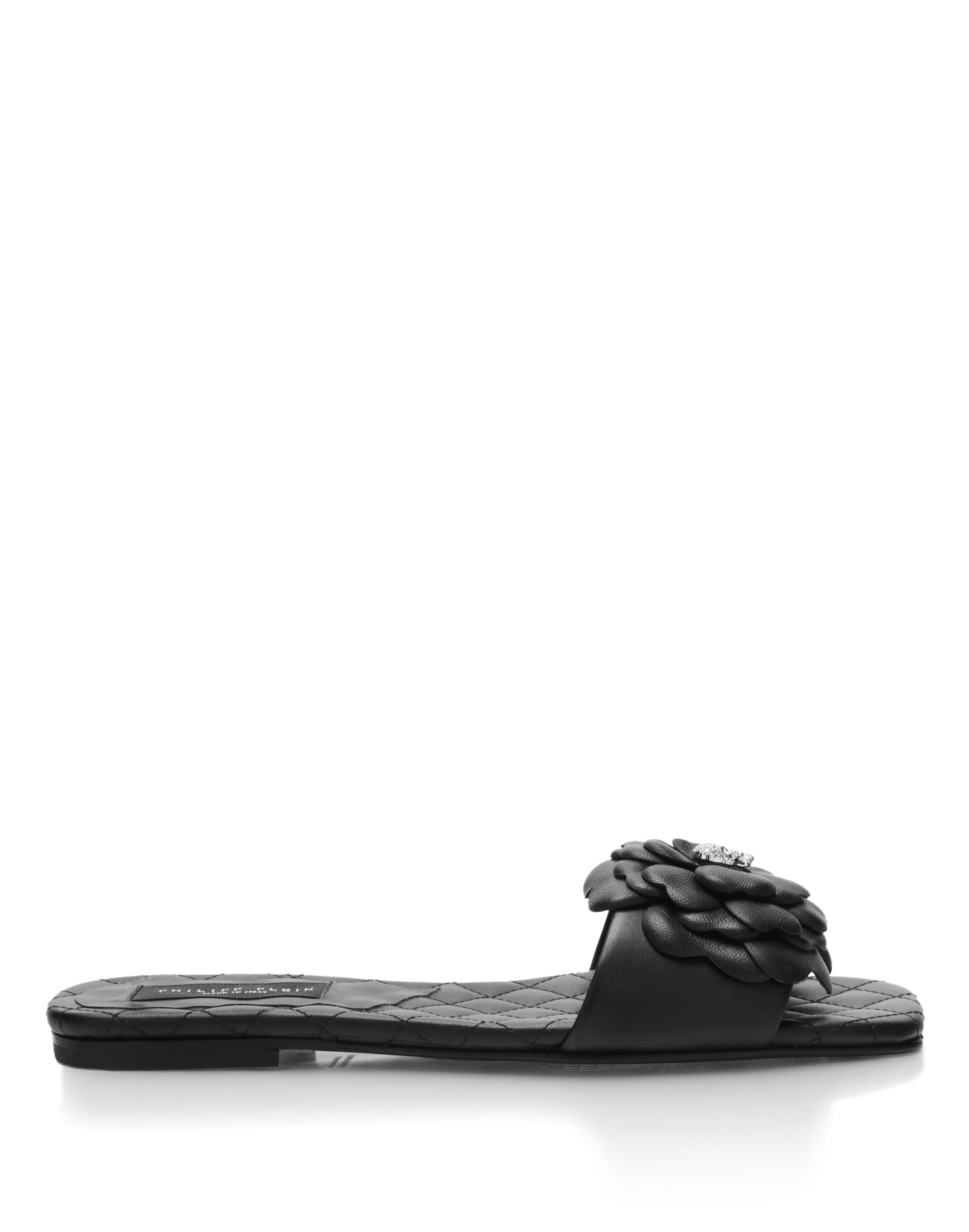 Leather Flat Slides Flower Women, Alternate, color, black