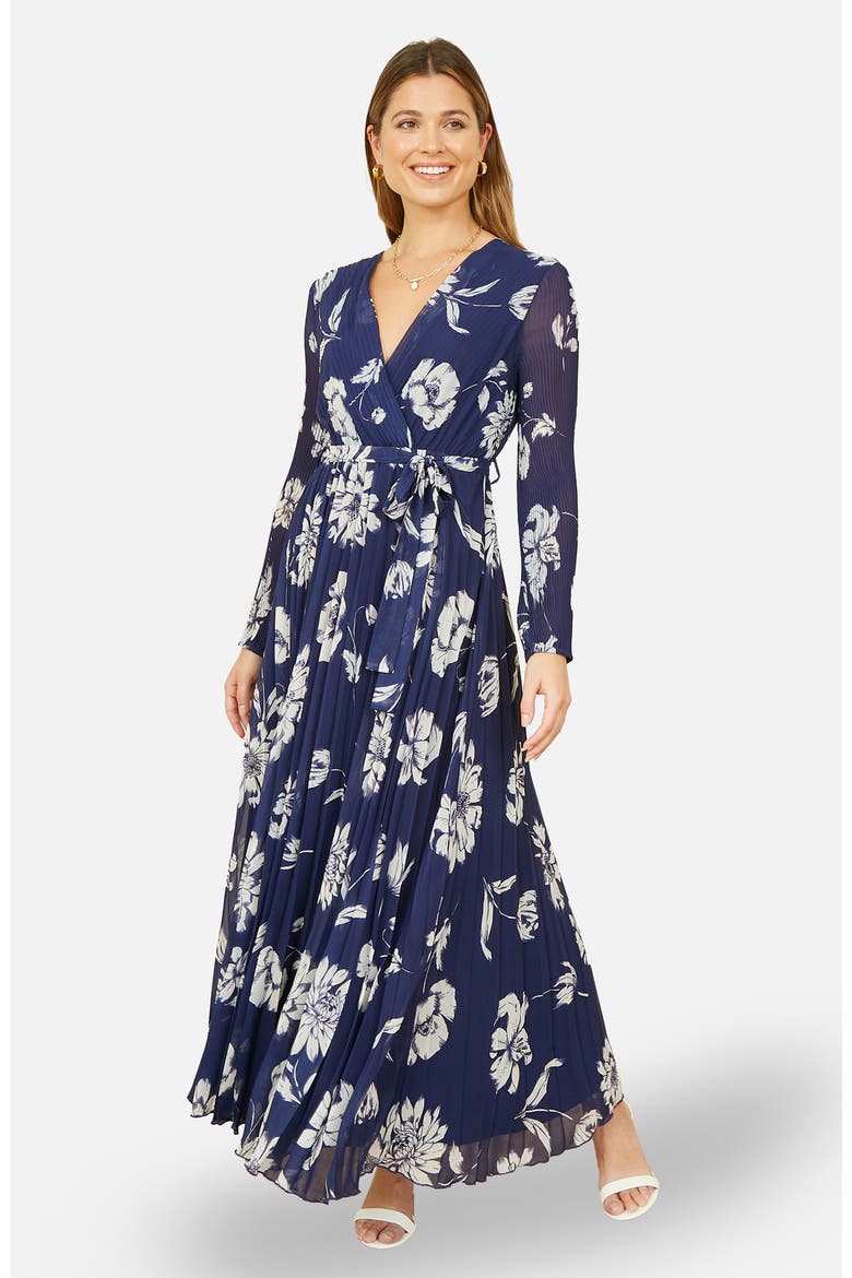 Floral Pleated Midi Wrap Dress, Main, color, Navy