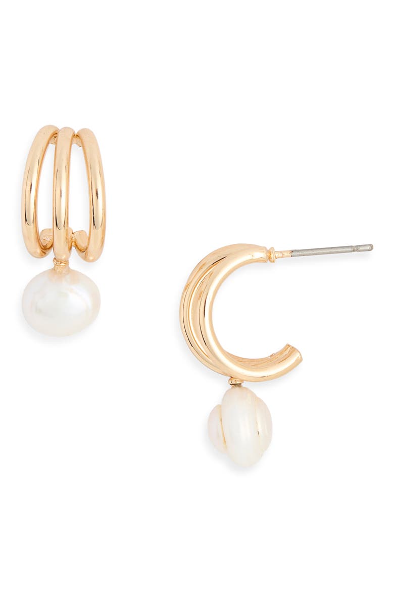 Freshwater Pearl Drop Huggie Hoop Earrings, Main, color, WHITE- GOLD