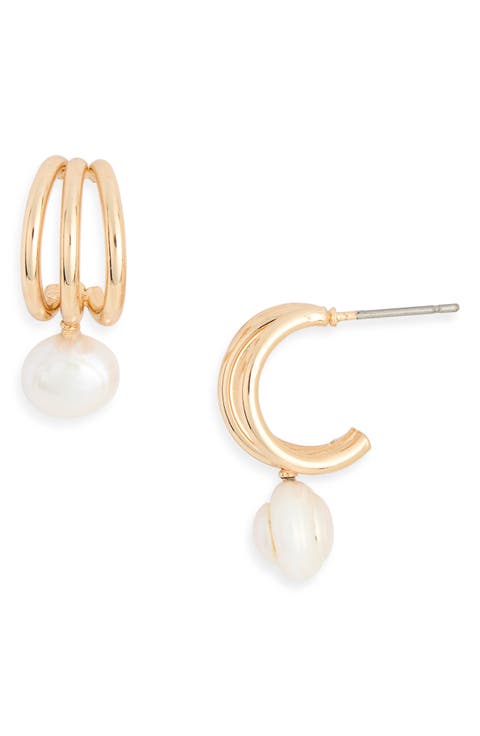 Freshwater Pearl Drop Huggie Hoop Earrings