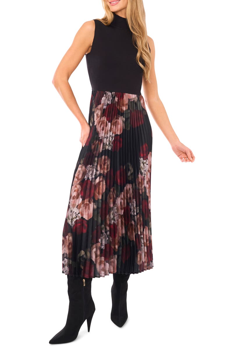 Halogen<sup>®</sup> Floral Mixed Media Sleeveless Midi Dress, Main, color, Rich Black
