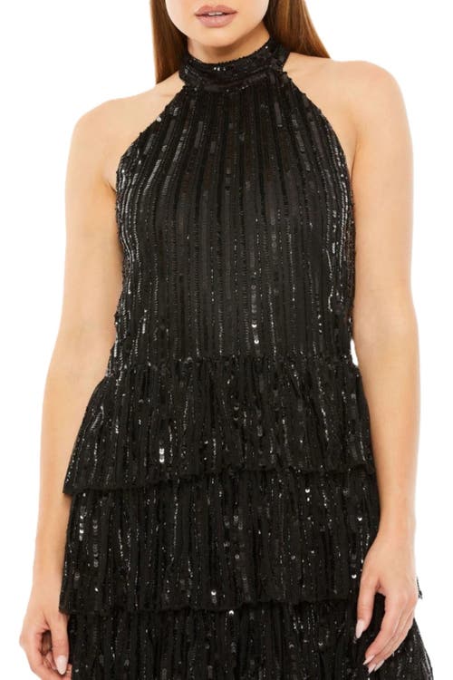 MAC DUGGAL MAC DUGGAL HIGH NECK A-LINE RUFFLE SEQUIN MINI DRESS