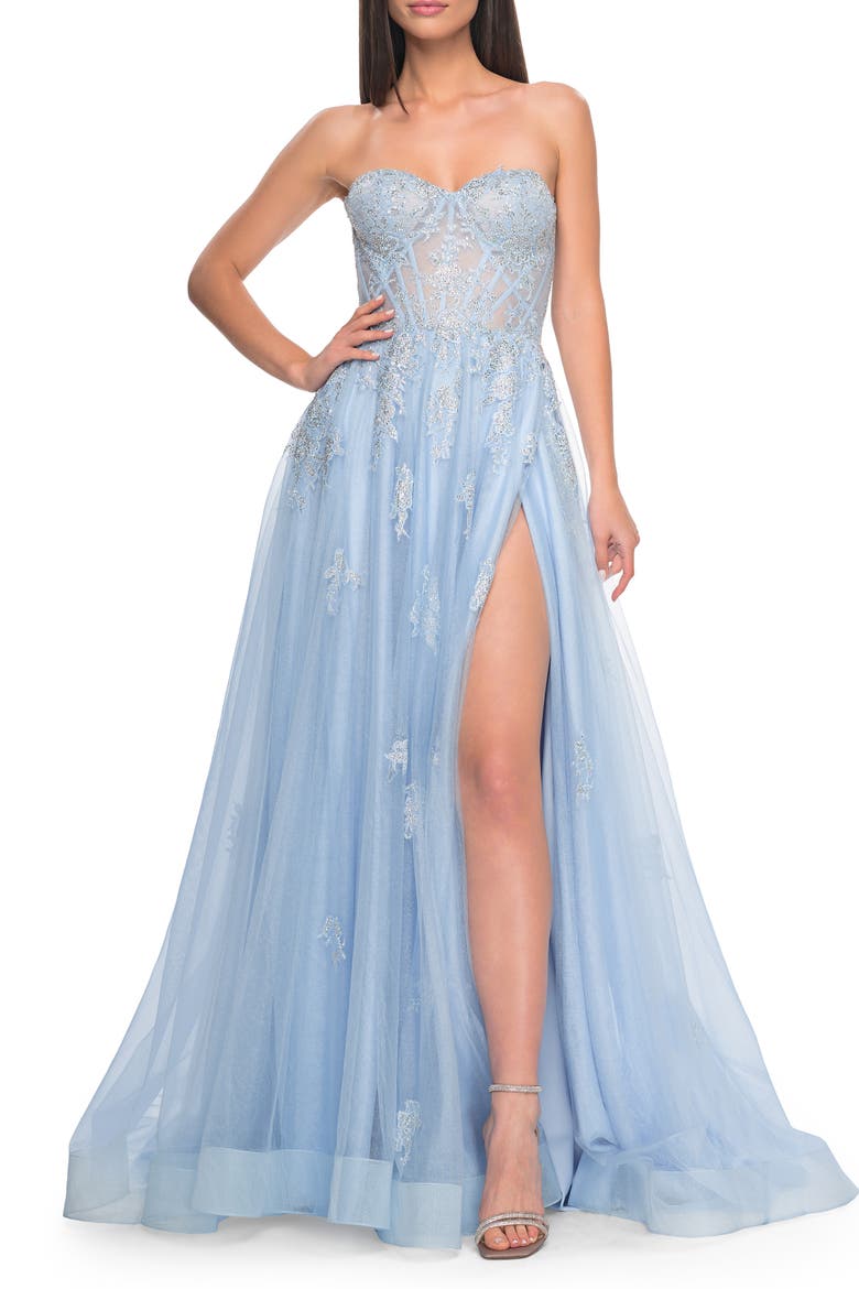 Gorgeous Lace A-Line Dress with Rhinestone Lace Details, Alternate, color, Cloud Blue