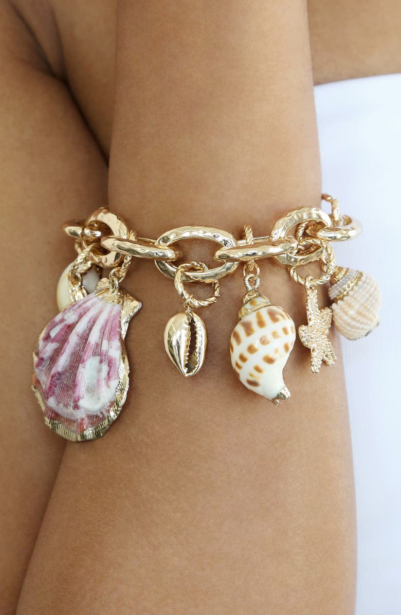 Ettika Shell Charm Bracelet, Alternate, color, Gold