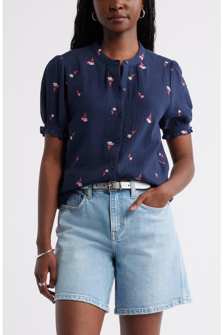 Short Sleeve Embroidered Flower Cotton Popover Top, Main, color, NAVY- RED TOSSED BLOSSOMS