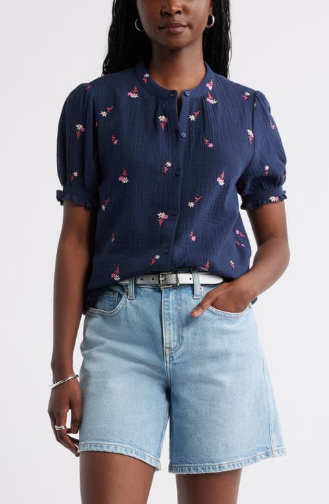 Short Sleeve Embroidered Flower Cotton Popover Top